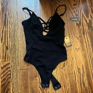 express tied up front and back sexy black body suit